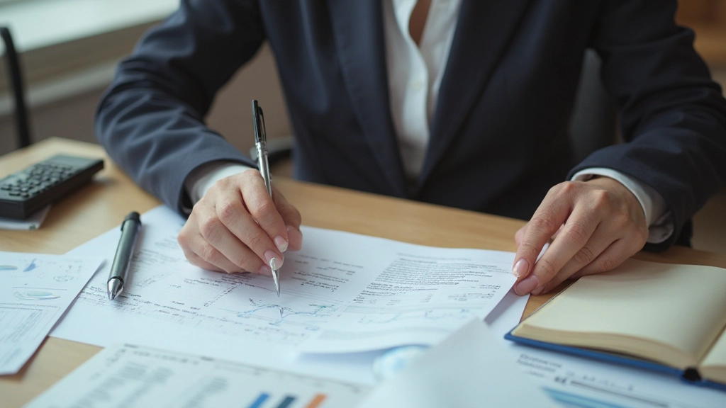 Деловая женщина анализирует финансовые графики и диаграммы на рабочем столе