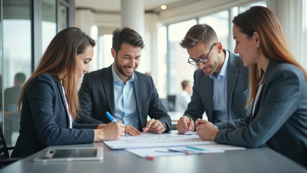 Профессиональная фотография встречи команды в современном офисе с обсуждением проекта