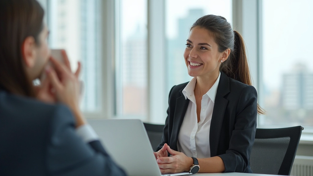 Успешная женщина профессионал на деловой встречи, уверенная поза, современный офис с видом на город