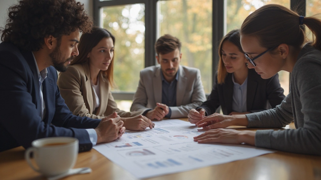 Группа профессионалов в совместной рабочей сессии обсуждают новые идеи и стратегии развития