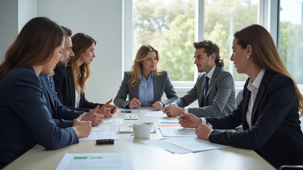 Совещание профессионалов по принятию решений с анализом диаграмм и обсуждением стратегии