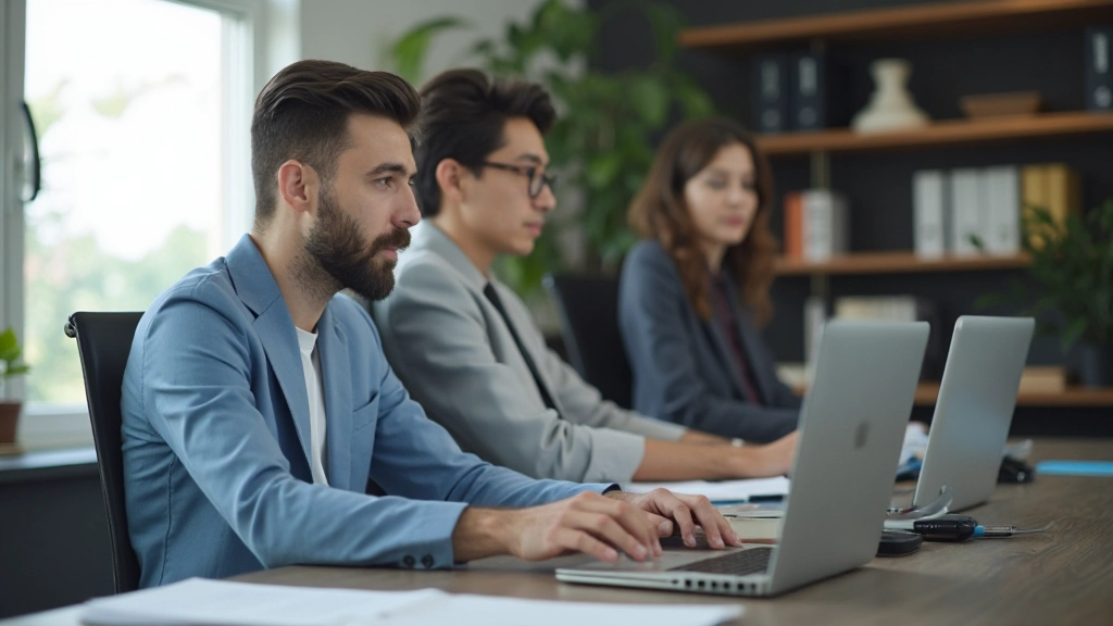 Профессионал работает за компьютером, изучая новый программный продукт в современном офисе