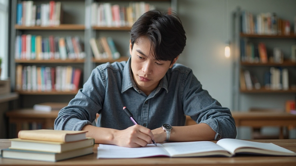 Человек сосредоточенно учится в современном библиотечном пространстве