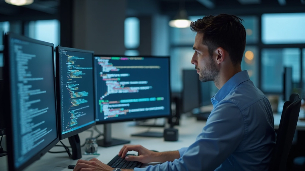 IT-специалист разрабатывает код на компьютере в современной рабочей среде