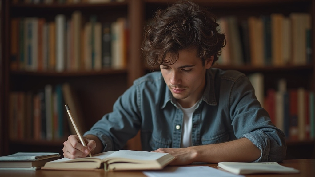 Человек глубоко размышляет над сложным материалом в библиотеке, концентрация и серьёзное выражение лица