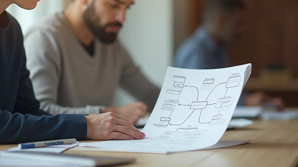 Профессиональное фото человека, изучающего информацию с визуальными диаграммами на столе, естественное освещение из окна, фокус на запоминание