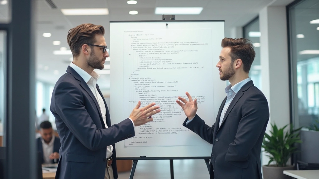 Команда разработчиков обсуждает код на встрече в современном офисе