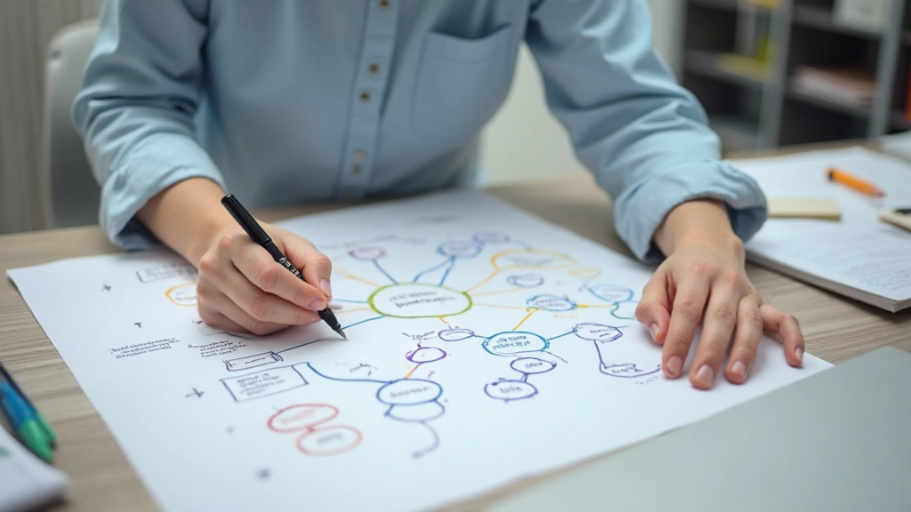 Студент составляет концептуальную карту знаний с разноцветными маркерами на большом листе бумаги